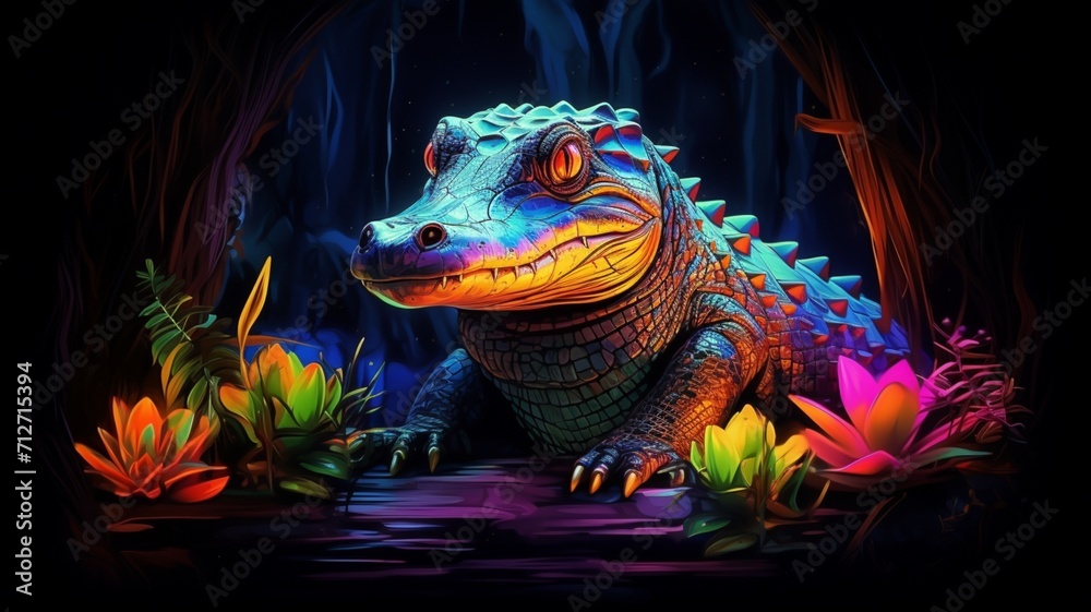Obraz premium Crocodile Neon light animal sitting cave pictures AI Generated Art