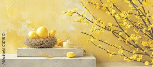 Edible bird's nests on podium with yellow flower branches and space to showcase product, popular with women for skin hydration. photo