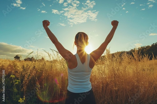 Back view of strong motivated woman celebrating workout goals towards the sun. Morning healthy training success. photo