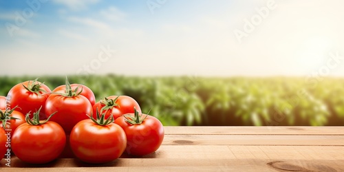 Tomato field background with wooden table top in daylight.