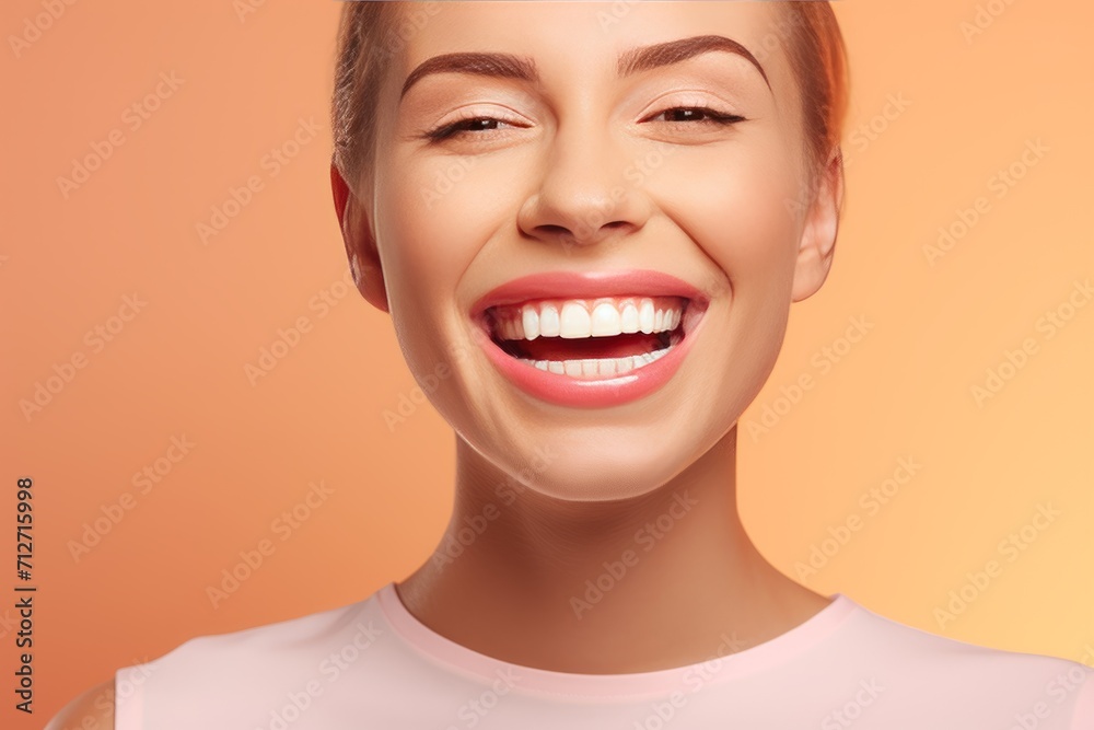 Smiling woman showing her teeth, Healthy, beautiful, dental smile concept. Peach fuzz background Smiling woman showing her teeth, Healthy, beautiful, dental smile concept. Peach fuzz background