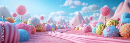 Lollylops sweet lansdcape background. Candyland scene for game or presentation design. 3D render. Holiday, birthday concept.