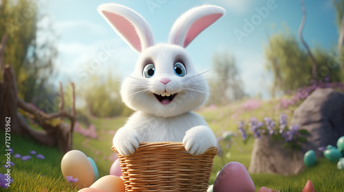 Happy Easter. cartoon White Easter bunny with basket and painted eggs.