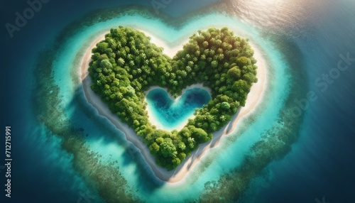 A Heart of Paradise Emerges from Ocean Depths, Cradling Lagoon and Jungle Greenery Generated image