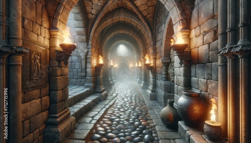 A Cobblestone Passageway Lit by Flickering Torches Deep Within Ancient Castle Walls Generated image