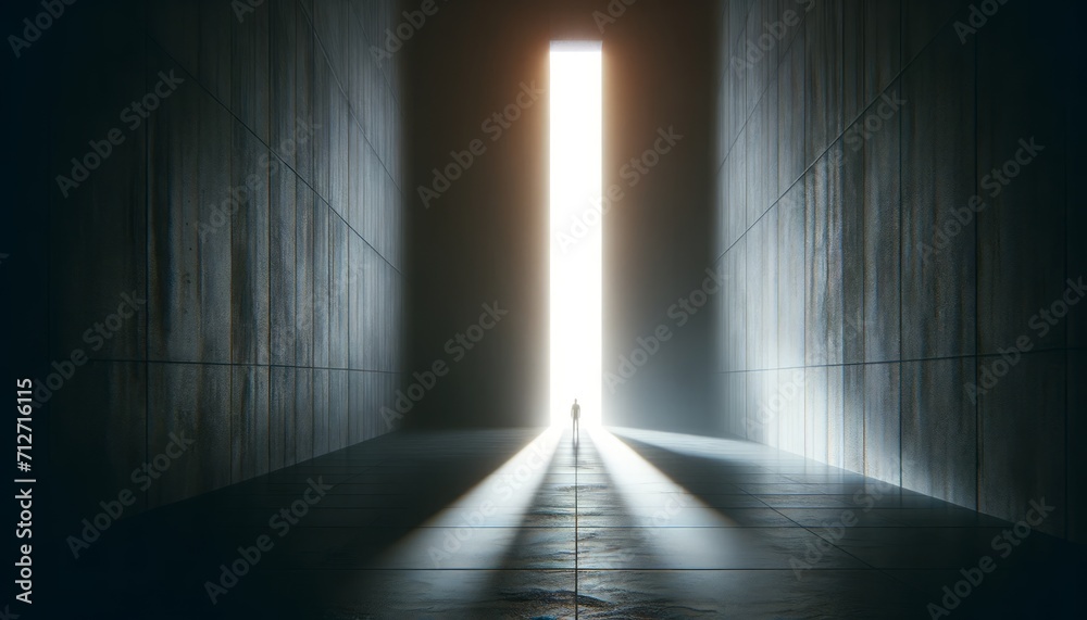 Solitary Figure Contemplating a Beam of Light in a Vast Dark Room Generated image