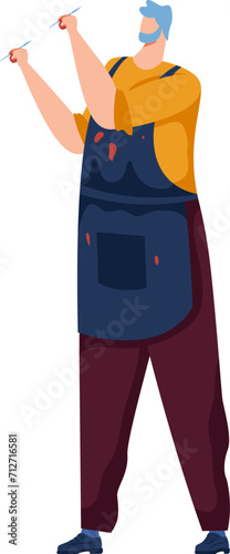 Male artist with a beard holding paintbrushes, wearing an apron, looking up. Creative man painter ready to draw. Artist at work, creativity and art concept vector illustration.