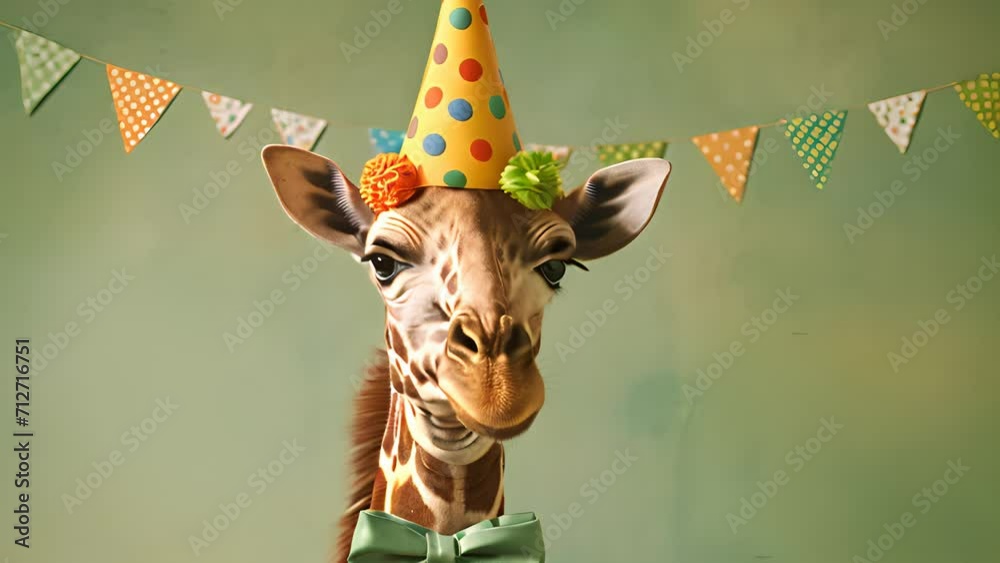 happy birthday celebration, giraffe in a festive hat