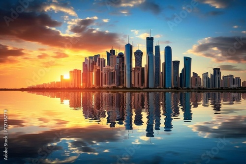Wallpaper Mural A stunning view of Doha's contemporary high-rises reflecting on water during sunrise at Sheraton Park in Qatar