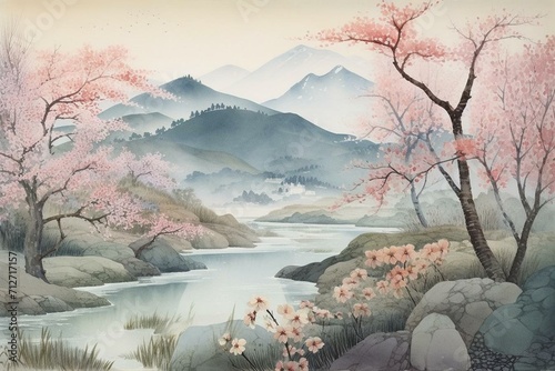 Valokuvatapetti A scenic view featuring mountains, a river, and cherry blossom trees depicted in a watercolor painting