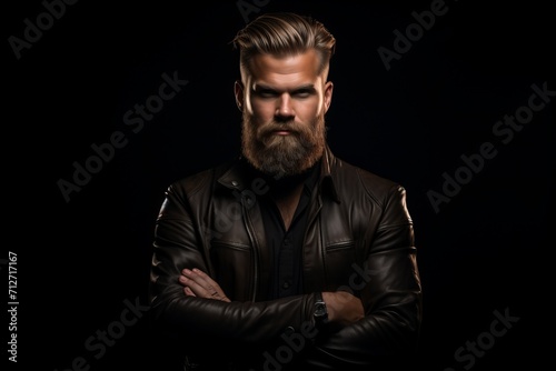 Handsome bearded man in leather jacket with crossed arms on black background