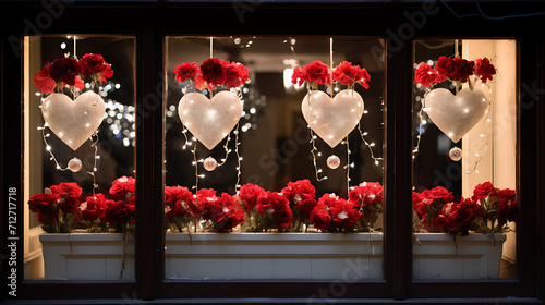 beautiful hearts and flowers hanging in window.
