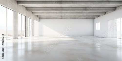 Building with concrete floor and white walls, creating an interior space.