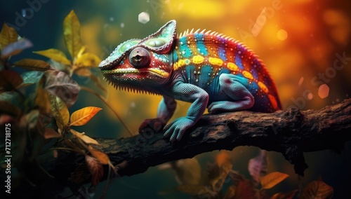 colorful chameleon is sitting on a branch © Alexei