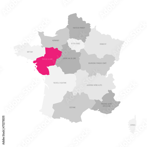 Pays de la Loire - map of administrative division  region  pink highlighted in map of France