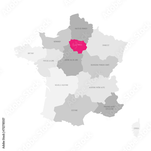 Ile-de-France - map of administrative division, region, pink highlighted in map of France