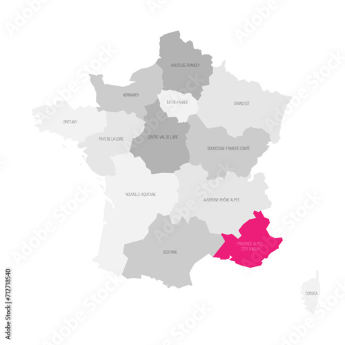 Provence-Alpes-Cote d Azur - map of administrative division, region, pink highlighted in map of France