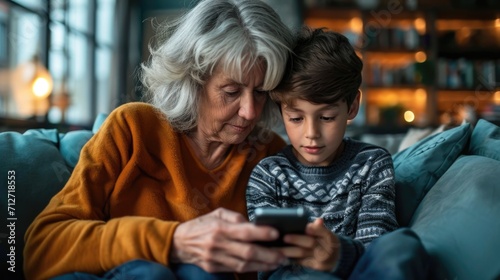 grandmother and grandson are sitting on the sofa and he shows how to use a mobile phone. Generations in the development of technologies