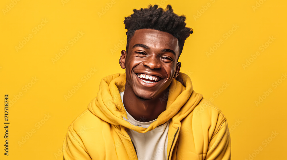 a young African man exudes a radiant smile against a vibrant yellow background. a young African man exudes a radiant smile against a vibrant yellow background.