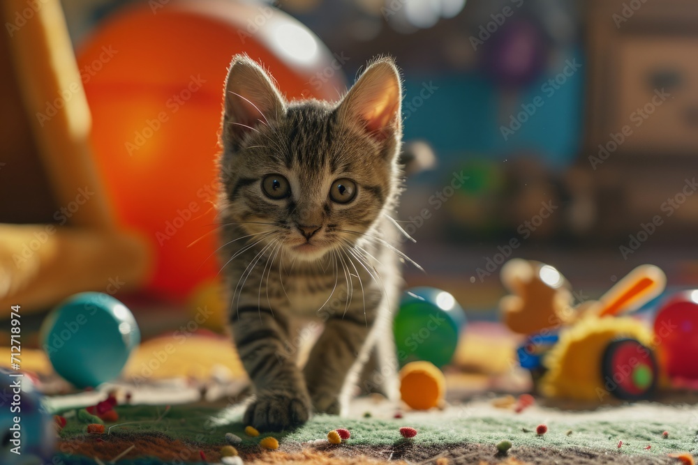 Playful cats exploring a world of toys, expressing curiosity and feline agility in charming and entertaining scenes.