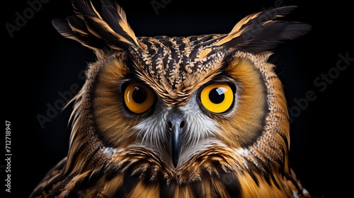 Majestic owl close up portrait isolated on black background  wildlife photography