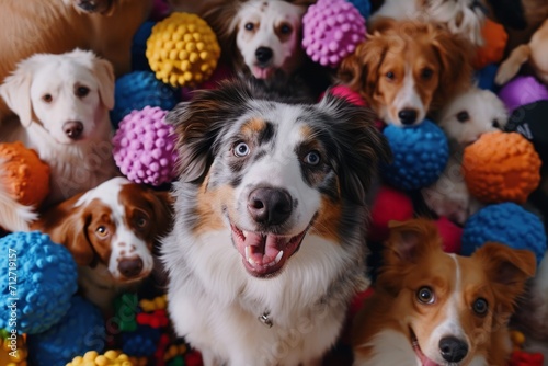 Cute dogs surrounded by squeaky toys, showcasing their playful and energetic behavior in a delightful display. photo