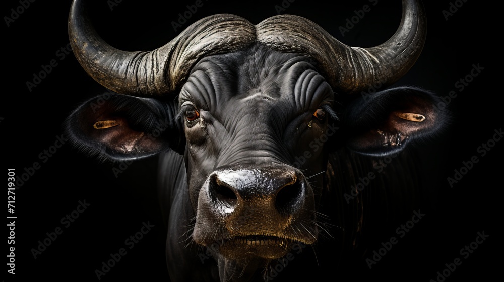 African buffalo portrait isolated on black background for wildlife concept and design African buffalo portrait isolated on black background for wildlife concept and design