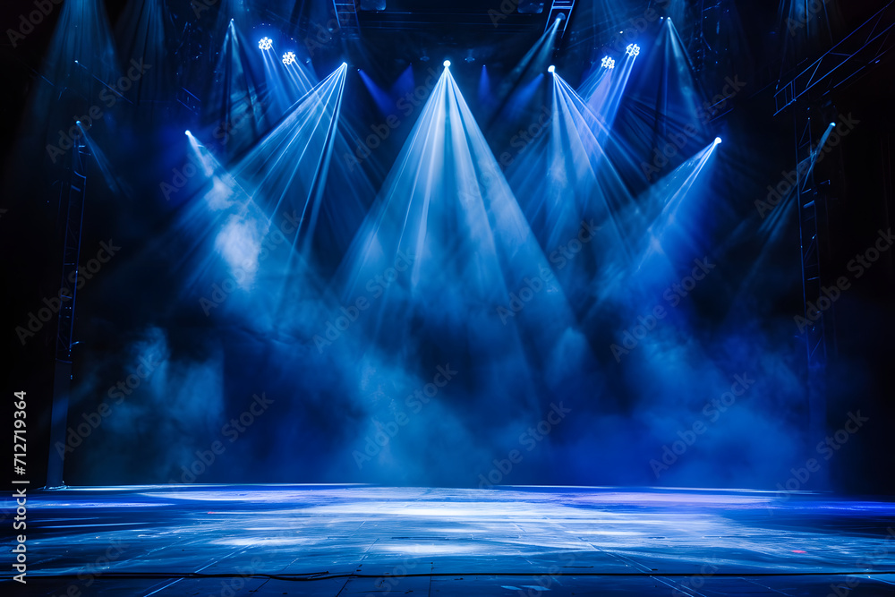 Theaterzauber: Beeindruckende Bühne mit Spotlights, Rauch und rotem Vorhang für ein unvergessliches kulturelles Erlebnis und dramatische Show-Effekte - obrazy, fototapety, plakaty 