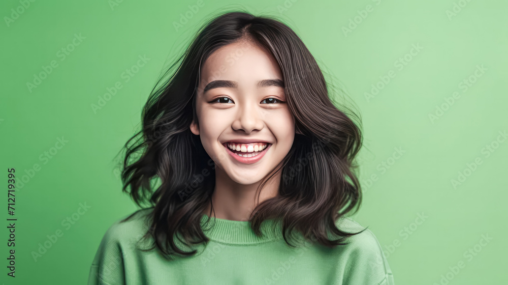 a girl of Asian appearance brightens a green background. a girl of Asian appearance brightens a green background.