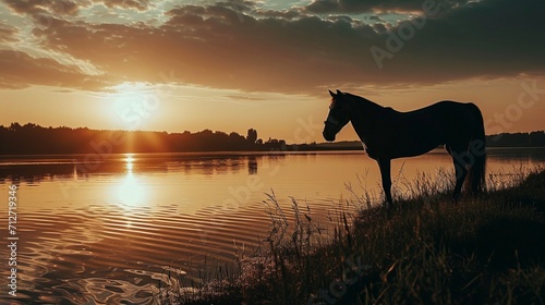 Silhouette of horse on lake shore