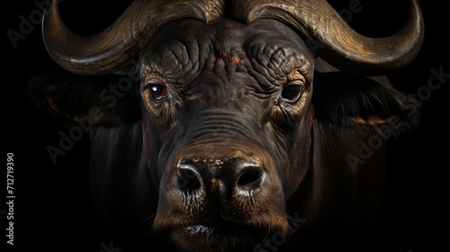Majestic african buffalo portrait isolated on black background for wildlife concept or conservation.
