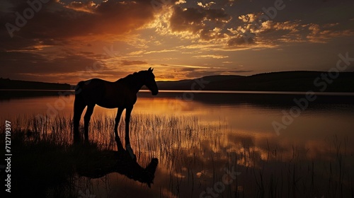 Silhouette of horse on lake shore