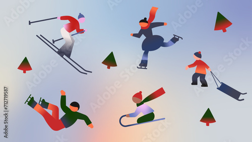 People doing winter activities, skiing, skating, sleighing,  cartoon characters in flat design, Vector illustration, Vector illustration in flat style, People dressed in winter clothing