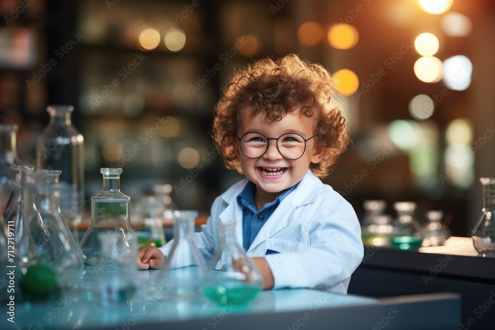 Cute smiling baby boy in laboratory outfit doing chemical reactions Cute smiling baby boy in laboratory outfit doing chemical reactions