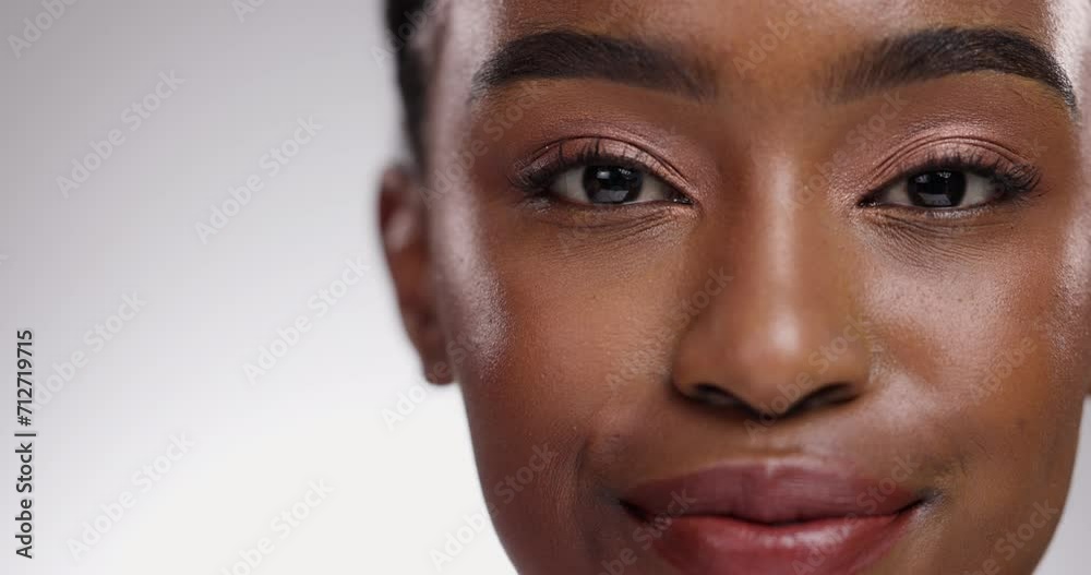 Skincare, mockup space and face of black woman on white background for spa wellness, cosmetics and makeup. Dermatology, beauty and half portrait of happy person for natural, healthy skin in studio Skincare, mockup space and face of black woman on white background for spa wellness, cosmetics and makeup. Dermatology, beauty and half portrait of happy person for natural, healthy skin in studio