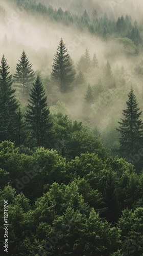 Serene Forest Scene, Majestic Trees Blanketed in