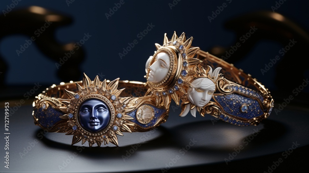 A pair of intertwined bracelets, one adorned with a moon charm and the other with a sun, capturing the essence of eternal love -Generative Ai A pair of intertwined bracelets, one adorned with a moon charm and the other with a sun, capturing the essence of eternal love -Generative Ai