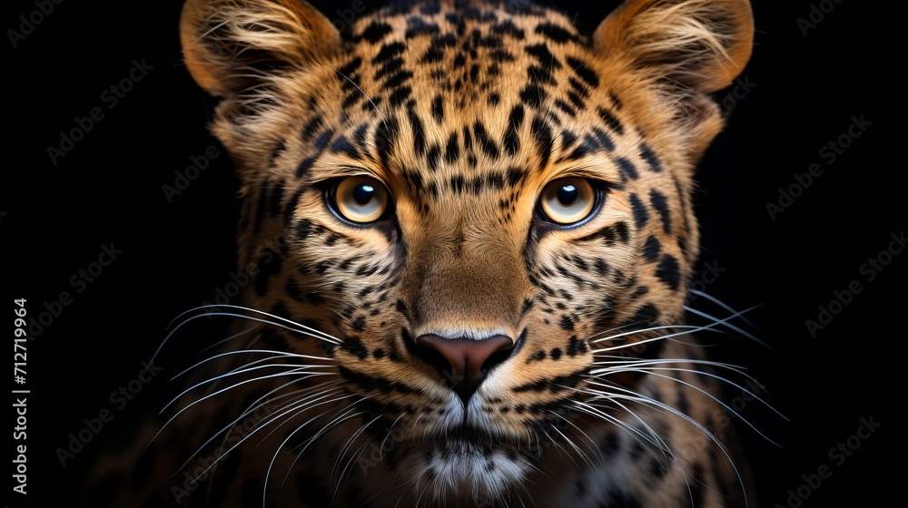 Fototapeta premium Majestic amur leopard portrait isolated on black background wildlife conservation image