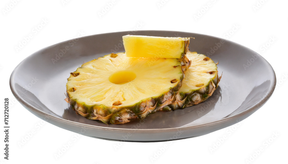 Pineapple slice on a plate. Isolated on a transparent background.