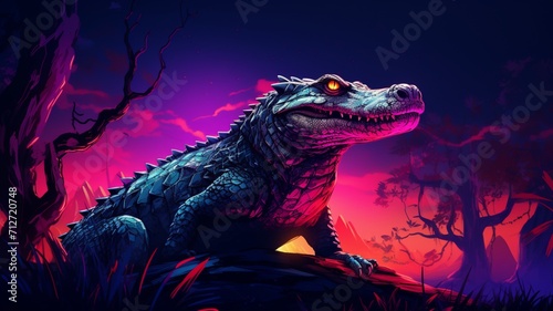 Crocodile Neon light animal hill next tree AI Generated pictures