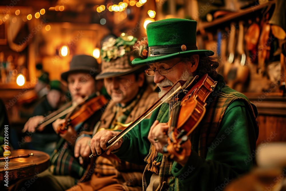 Traditional musicians playing violins in a pub in Ireland. Live Irish folk music. Saint Patrick's Day celebration. Poster, banner, background.  - obrazy, fototapety, plakaty 