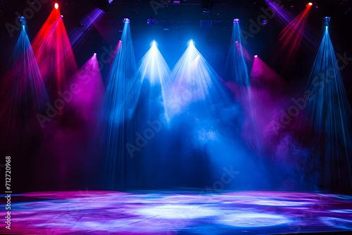 Theaterzauber: Beeindruckende Bühne mit Spotlights, Rauch und rotem Vorhang für ein unvergessliches kulturelles Erlebnis und dramatische Show-Effekte