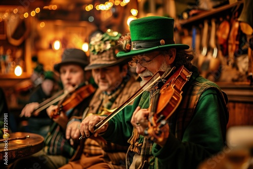 Traditional musicians playing violins in a pub in Ireland. Live Irish folk music. Saint Patrick\'s Day celebration. Poster, banner, background.