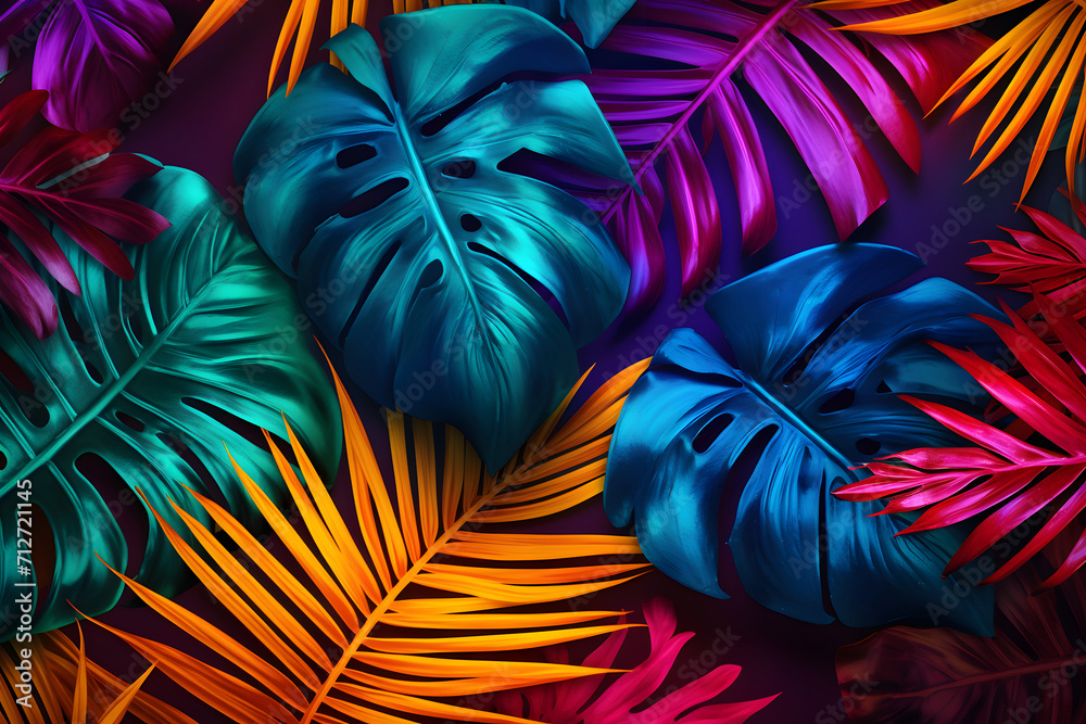 Tropical background with monstera leaves and palm leaves in vivid colorful neon colors, flat lay of seamless pattern. Top view, colourful background.