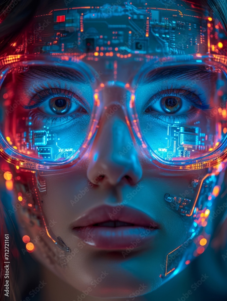 A person with cybernetic enhancements wearing futuristic high tech glasses with dramatic blue and red lighting. A person with cybernetic enhancements wearing futuristic high tech glasses with dramatic blue and red lighting.