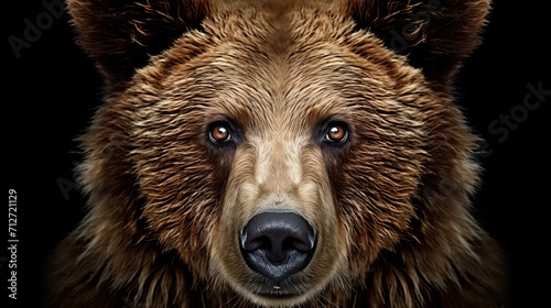 Majestic brown bear portrait, powerful and captivating, isolated on a striking black background