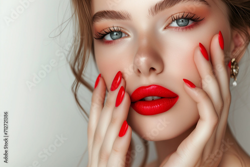 Beautiful laughing brunette model girl. Red lips and nails manicure . Fashion   beauty and make up portrait Beautiful girl showing red manicure nails . makeup and cosmetics. Studio shot of young beaut