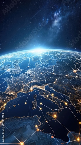 European telecommunication and data transfer networks with global internet connectivity for communication technology. Abstract map of Western Europe, concept of European global network