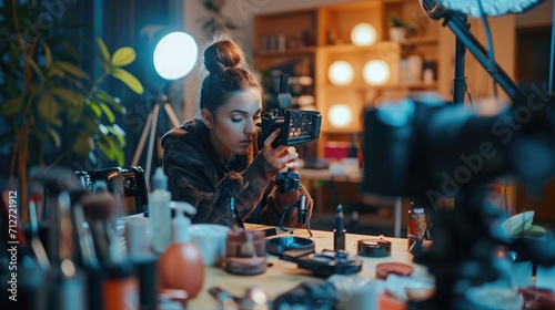 Behind the scene of artist creator doing make up tutorial recording beauty vlog reviewing cosmetics products in studio. Creative social media influencer filming makeup podcast using vlogging equipment