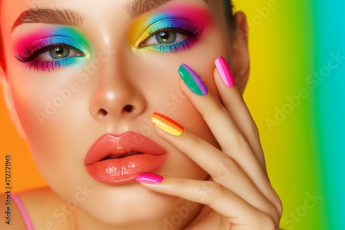 Beautiful laughing brunette model girl. Rainbow color lips and nails manicure . Fashion   beauty and make up portrait Beautiful girl showing red manicure nails . makeup and cosmetics. Studio shot 